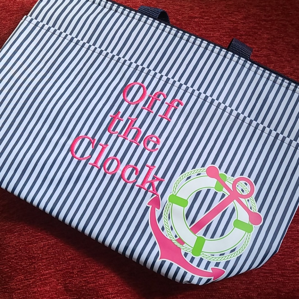 Off the clock navy striped Thermal tote
